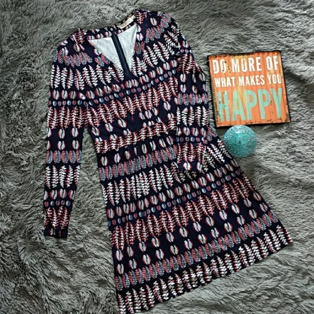 Tory Burch Fern Print Dress V-Neck LS matte jersey
